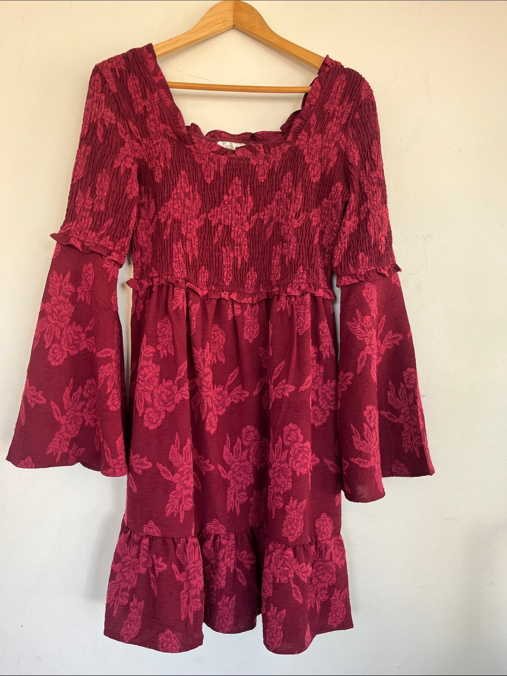 Wild Moss burgundy floral long bell sleeve dress size small
